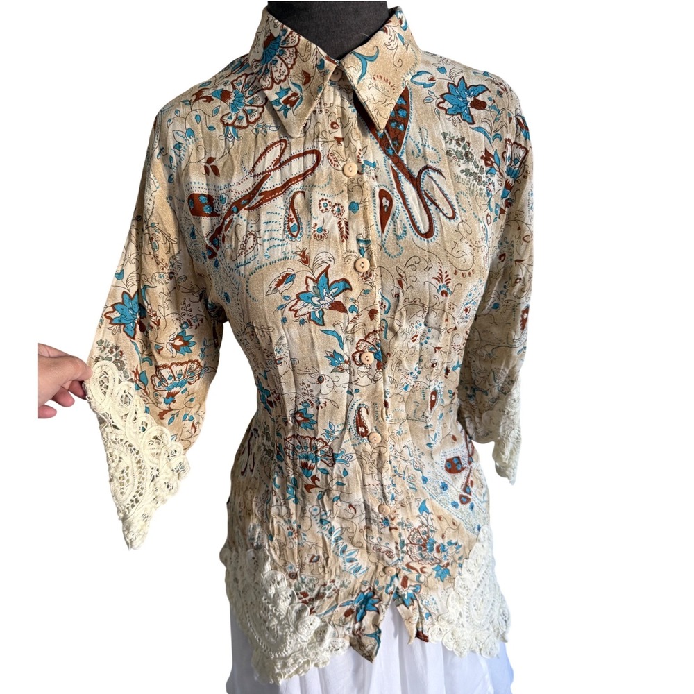 Dress-U by‎ Sharon Womens Boho Paisley Floral Lace Trim Button Down Blouse Tan L